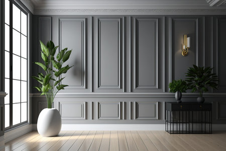 Interior of modern classic gray color with wooden floor and wall panels for decorationの素材