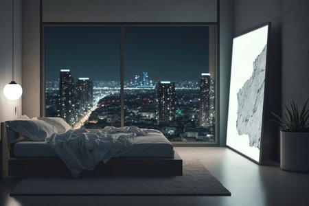 Modern bedroom with loft design and night city view. Communicationの素材
