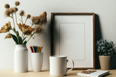 mockup white desk with books, a dry flower, a coffee mug, and a mockup poster frameの素材