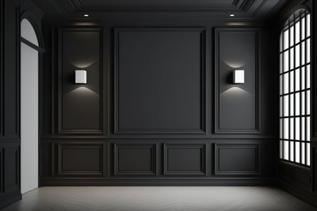 Interior of a modern classic black vacant space with wooden flooring and wall panels. mock-up for an illustrationの素材