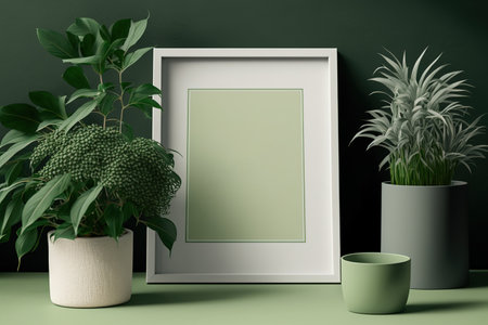 Mockup setting for a poster frame in a simple, monochromatic shade of green with a solitary plant and a solitary square frame. With a copy space and a green background, the frame templateの素材