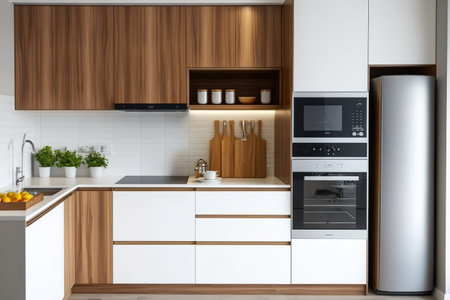 Modern kitchen design with built-in cabinets and wooden counter. vertical kitchen counterの素材