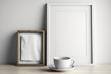 White and squared-off wood portrait frame mockups on an antique table and bench. coffee cup on books. white wall background Scandinavian, neutral colors. inventive displayの素材