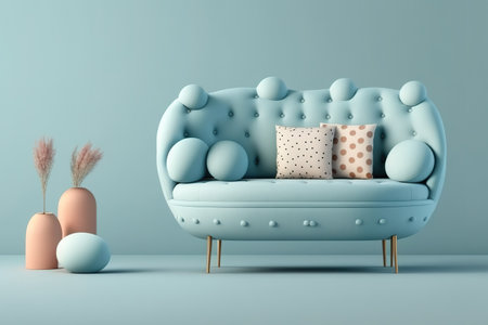 Alone on a living room couch in a soft blue hue is a modern sofa. Interior background that is bare. Concept of minimal creative style. an illustration of the sideの素材