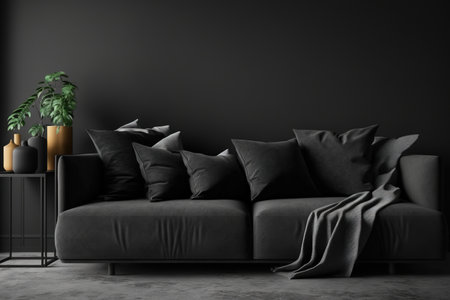 Modern apartment with a black velvet sofa and pillows and a black mock up wall in charcoal black,の素材