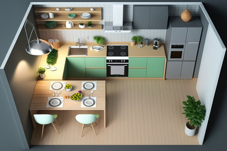 Contemporary kitchen with wood accents and parquet flooring, minimalist interior in gray and green, top view, illustrationの素材
