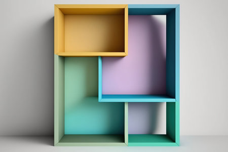 Mockup product design of empty, colorful wooden shelves with shadow on a white backgroundの素材