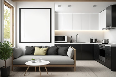 Interior of a modern kitchen and living room. Concept for a studio flat. Grey sofa, black oak sideboard, and one white empty framed poster are the only furnishings on the wooden wall. A mockupの素材