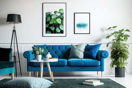 Modern home decor, blue sofa, pillow, lamp, carpet, and tableの素材