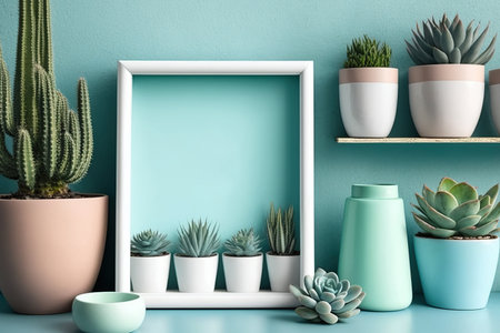 Contemporary picture frame mockup room decor. White shelf with pottery and succulent on pastel turquoise wall. Hand-watering potted succulentの素材