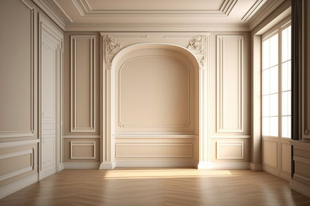 With moldings and a wooden floor, the interior is modern classic beige. mock-up for an illustrationの素材