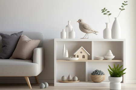 Modern interior design with a white tabletop or shelf and a minimally adorned birdie knick-knack over a sofa in a softly colored living roomの素材