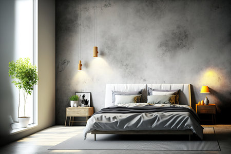 Modern bedroom interior design with a background of a concrete wall and an original thoughtの素材
