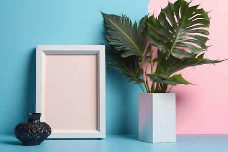 Modern home decor mockup with wooden blank photo frame, vase, and tropical plant on pink blue backgroundの素材