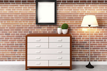 beside a brick wall, a contemporary cabinet of drawersの素材