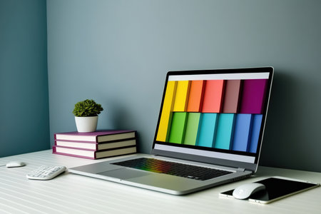 Modern office with laptop near color wallの素材