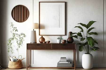 Modern interior of living room with design wooden console, plants, brown mock up poster frame, decoration and elegant personal accessories in wabi sabi home decorの素材