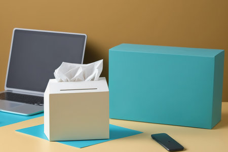 a contemporary office setting with a tissue box and a colorful wallの素材