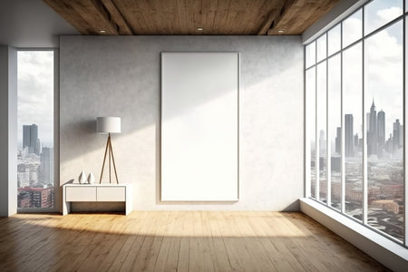 Modern wooden gallery with window, city view, and daylightの素材
