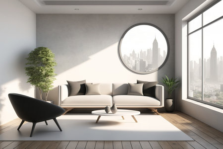 Modern spacious concrete and light wooden living room interior with blank mock up place on wall, furniture, window and city view. Luxurious lifestyle conceptの素材