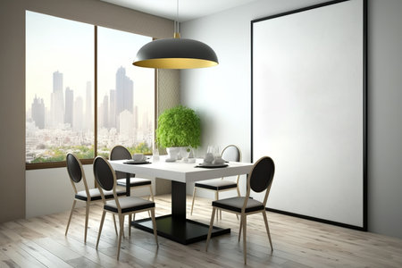 Interior of a contemporary dining area with a city view, empty poster, chairs, and equipment. a mockupの素材