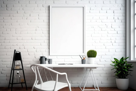 mockup of a white interior with a table, a chair, a brick wall, and an empty picture frameの素材
