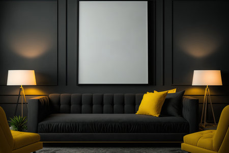 mock up poster frame in a luxurious dark living room interior background, black mock up of an empty wall, modern living room with a yellow sofa and a black lamp and table, bright colors interior,の素材