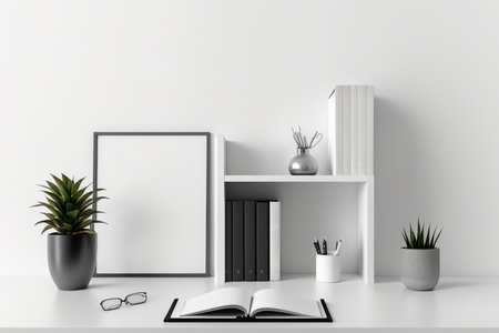 mockup workplace of an office desk with books against a white background. copy space in the front viewの素材