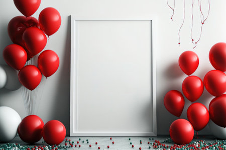 mock up poster with a background of an interior and red balloons,の素材