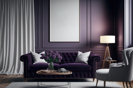 mock up poster with a trendy living room interior background in dark violet,の素材