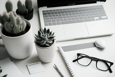 Mock-up desk with laptop, office supplies, books, glasses, cactus, and dollの素材
