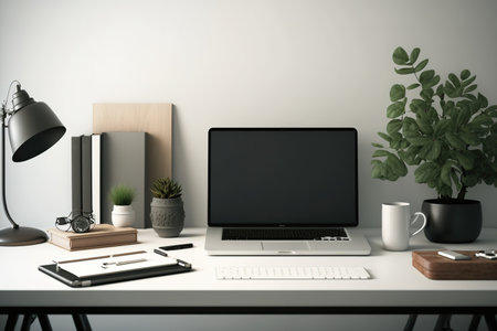 modern contemporary workspace with laptop computer, office stationery and supply on desk front viewの素材