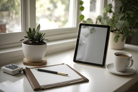 Small office with a tablet with an empty screen, a cup of coffee, and office supplies on a white tableの素材