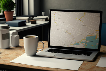 View from the front of a little table showing a city map on a banner, an empty laptop, a blank business card, and a coffee cup. a mockupの素材
