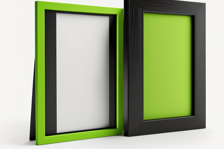 Lime green A3 and A4 vertical picture frame without an image inside, isolated on a black stand. an angle of viewの素材