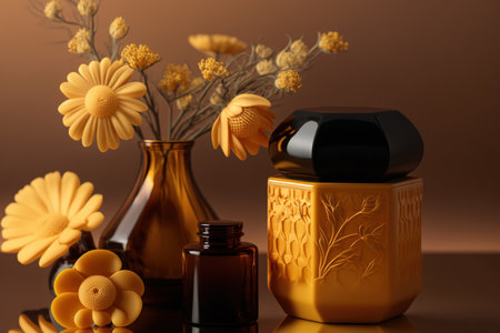 Vase of flowers, house decor, and cosmetic container all made of amber glass. branding for cosmetic productsの素材
