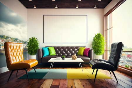 Two level living room interior with a wooden floor and ceiling, a leather armchair with two pillows, two colorful chairs and a panoramic window. mock up toned imageの素材