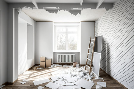 Unoccupied room with white walls, a wooden ceiling, parquet flooring, and scraps of gray striped wallpaper with copy space. household choresの素材