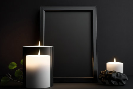 Vertical frame mockup and candle on black console, black wall background,の素材