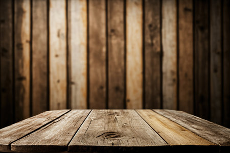 Vintage table in front of an antique, beautiful wooden wall in the backdrop. ready to display the productの素材