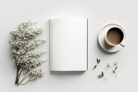 mockup of a white book showing gypsophila and a cup of tea on a white tableの素材
