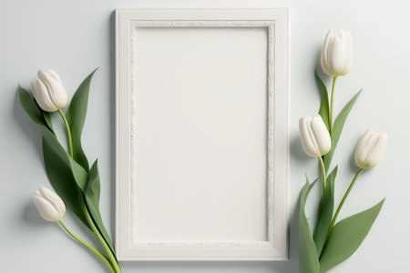 Tulips are displayed in a white frame on a white background. Background of minimalism. draft of a frame. Concept of summer or travel. the space barの素材