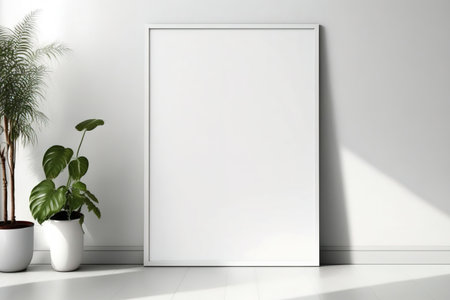 Standing on the floor is a mockup of a white, empty poster. Print a mockup of your designの素材