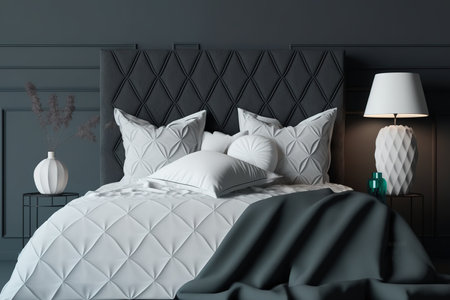 White bedspreads Black headboard and quilt pillows. Face-onの素材