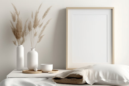 White frame mockup on vintage wooden bench, table. Modern white ceramic vase with dry Lagurus ovatus grass and marble tray. Blurred beige linen blanket in front, Scandinavian interiorの素材