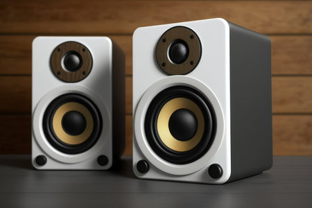 White drivers on black stereo speakers on a wooden shelfの素材