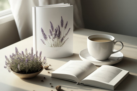 White book mockup on beige table with coffee and lavenderの素材