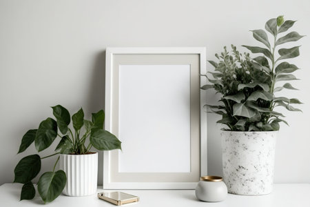 Beside a white wall is a white desk with a picture frame and a plant in a marble potの素材