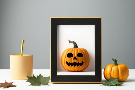 Wooden frame with jack o lantern Lovely on decoration a shelf or desk with white wall with. Halloween concept copy space for textの素材