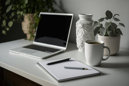 White desk, supplies, and a coffee cup are on a table. Front workspace and copy areaの素材